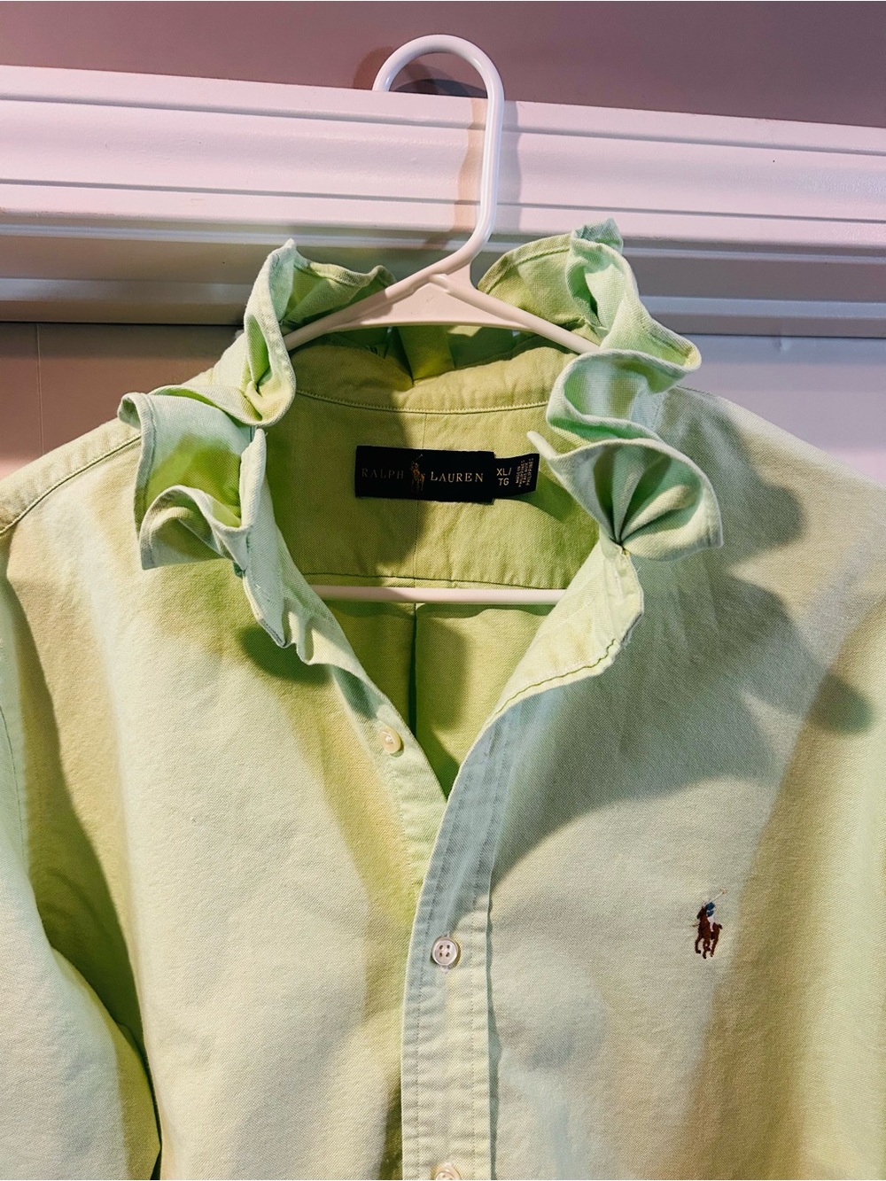 Mens Size XL Upcycled Ralph Lauren Pastel Green Ruffle Collar Button-Down Shirt